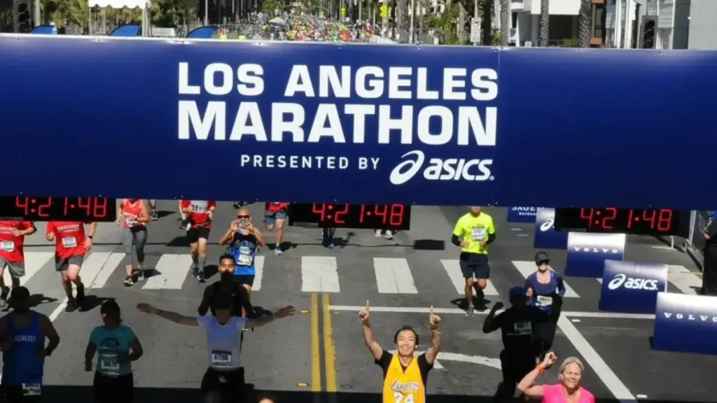 Runners crossing the finish line of the Los Angeles Marathon