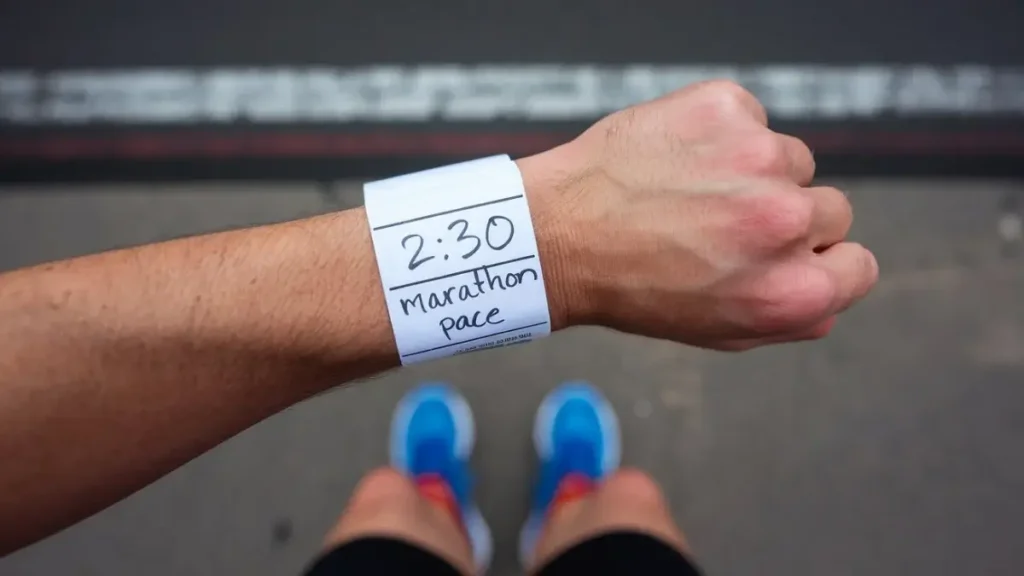 A piece of paper wrapped around the wrist of a runner with "2:30 Marathon Pace" written on it.