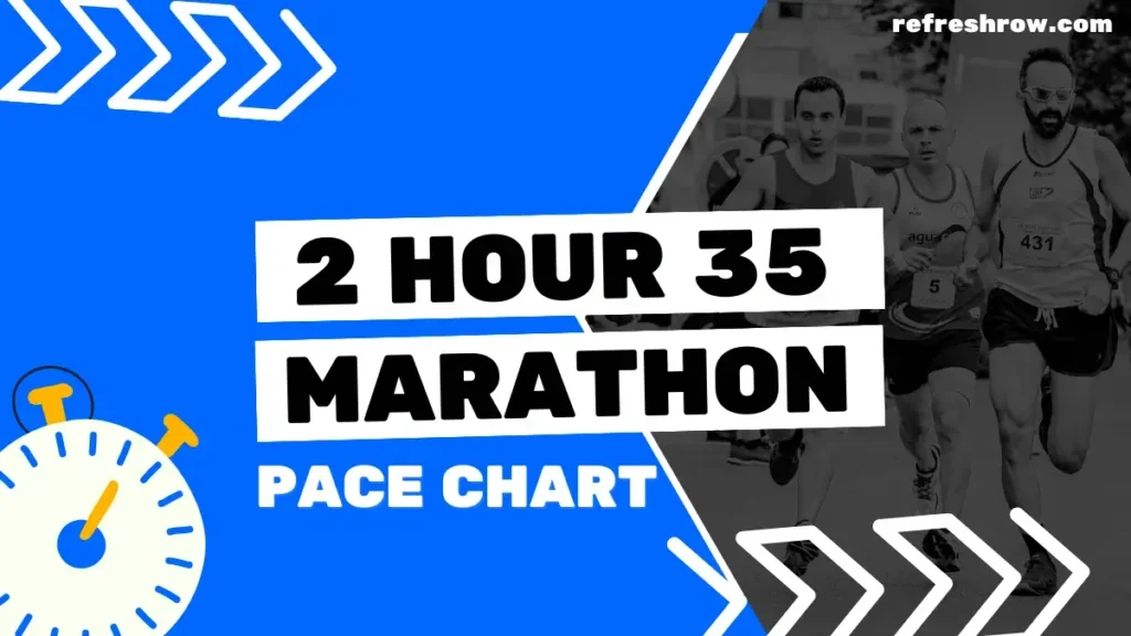 a blue and white featured image with a man running 2 35 marathon pace chart