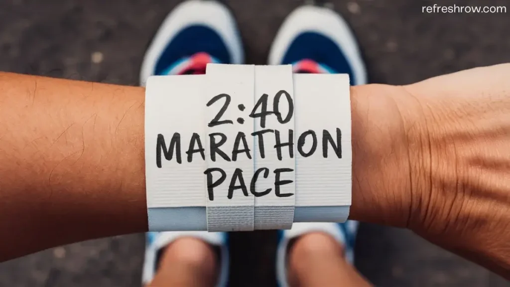 a piece of paper that has been wrapped around the wrist of a runner. the paper is blank, white, but has the words "2:40 Marathon Pace" written on it in pen. the image is POV of the runner. you can see the runners shoes behind the wrist.