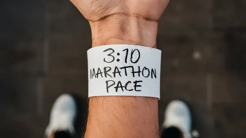 a piece of paper that has been wrapped around the wrist of a runner. the paper is blank, white, but has the words "3:10 Marathon Pace" written on it in pen. the image is POV of the runner. you can see the runners shoes behind the wrist.