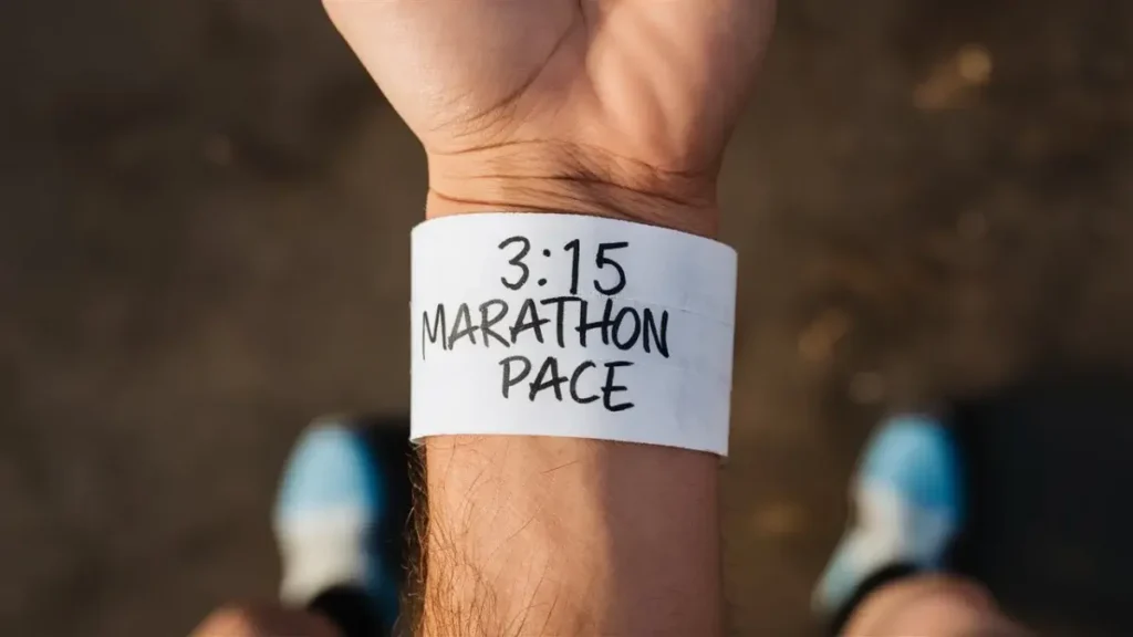 a piece of paper that has been wrapped around the wrist of a runner. the paper is blank, white, but has the words "3:15 Marathon Pace" written on it in pen. the image is POV of the runner.