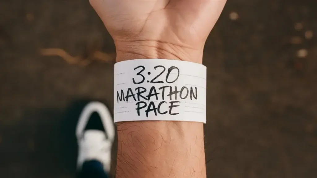 a piece of paper that has been wrapped around the wrist of a runner. the paper is blank, white, but has the words "3:20 Marathon Pace" written on it in pen. the image is POV of the runner.