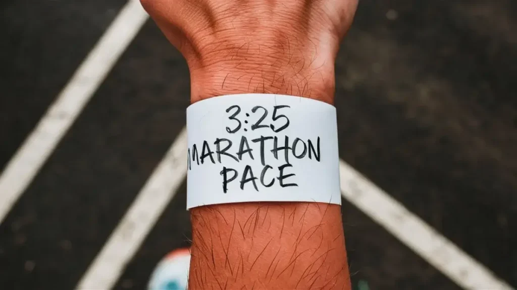 a piece of paper that has been wrapped around the wrist of a runner. the paper is blank, white, but has the words "3:25 Marathon Pace" written on it in pen. the image is POV of the runner.