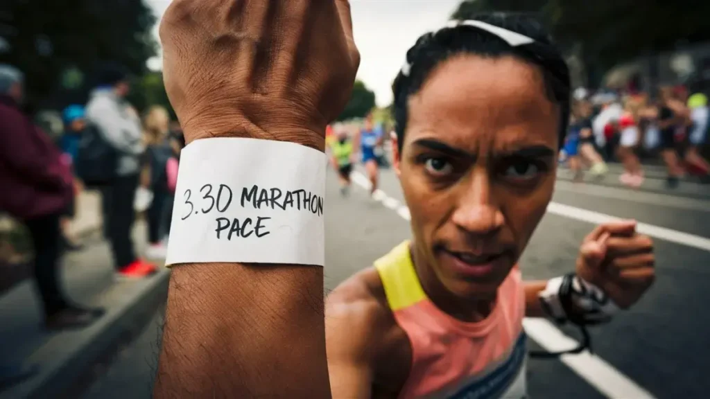 a piece of paper that has been wrapped around the wrist of a runner. the paper is blank, white, but has the words "3:30 Marathon Pace" written on it in pen. the image is POV of the runner.