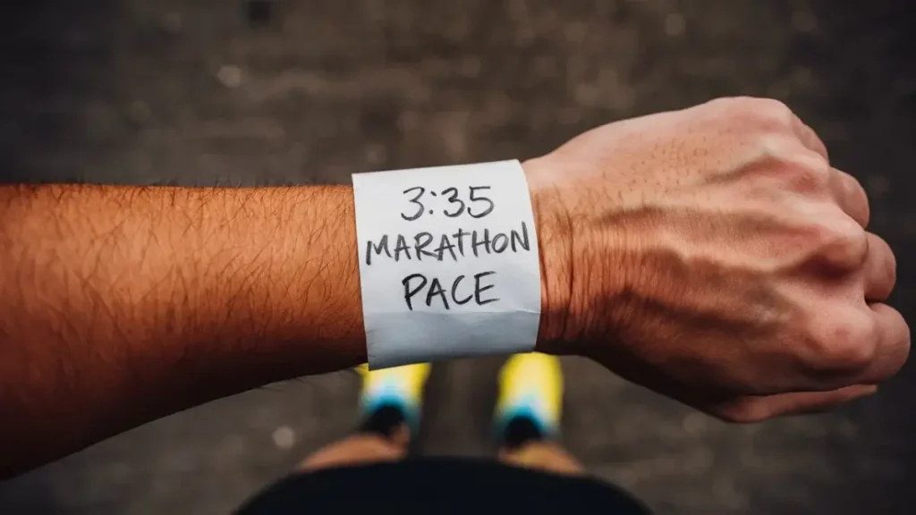 a piece of paper that has been wrapped around the wrist of a runner. the paper is blank, white, but has the words "3:35 Marathon Pace" written on it in pen. the image is POV of the runner.