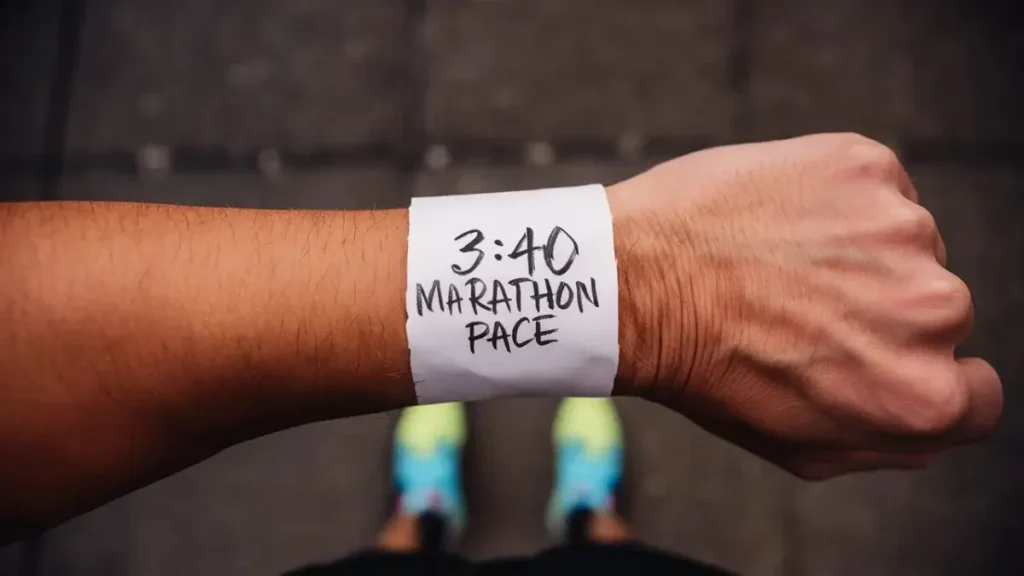 a piece of paper that has been wrapped around the wrist of a runner. the paper is blank, white, but has the words "3:40 Marathon Pace" written on it in pen. the image is POV of the runner.