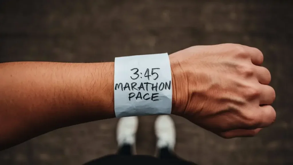 a piece of paper that has been wrapped around the wrist of a runner. the paper is blank, white, but has the words "3:45 Marathon Pace" written on it in pen. the image is POV of the runner.