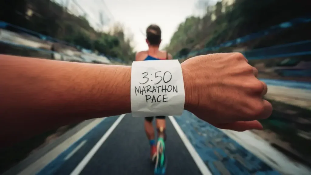 a piece of paper that has been wrapped around the wrist of a runner. the paper is blank, white, but has the words "3:50 Marathon Pace" written on it in pen. the image is POV of the runner.