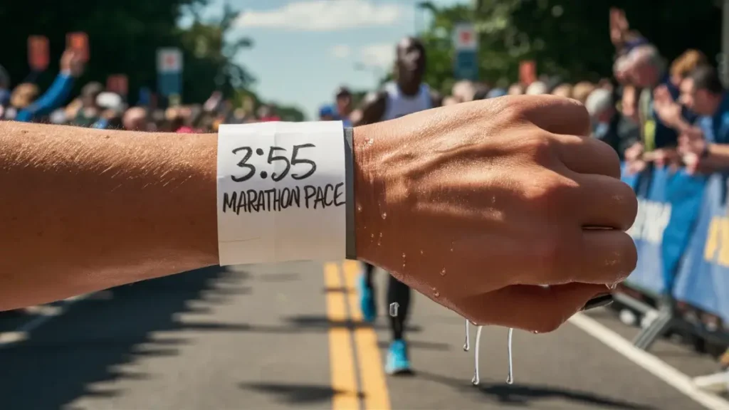 a piece of paper that has been wrapped around the wrist of a runner. the paper is blank, white, but has the words "3:55 Marathon Pace" written on it in pen. the image is POV of the runner.