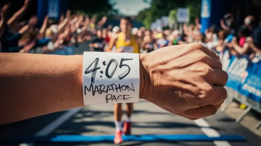 a piece of paper that has been wrapped around the wrist of a runner. the paper is blank, white, but has the words "4:05 Marathon Pace" written on it in pen. the image is POV of the runner.