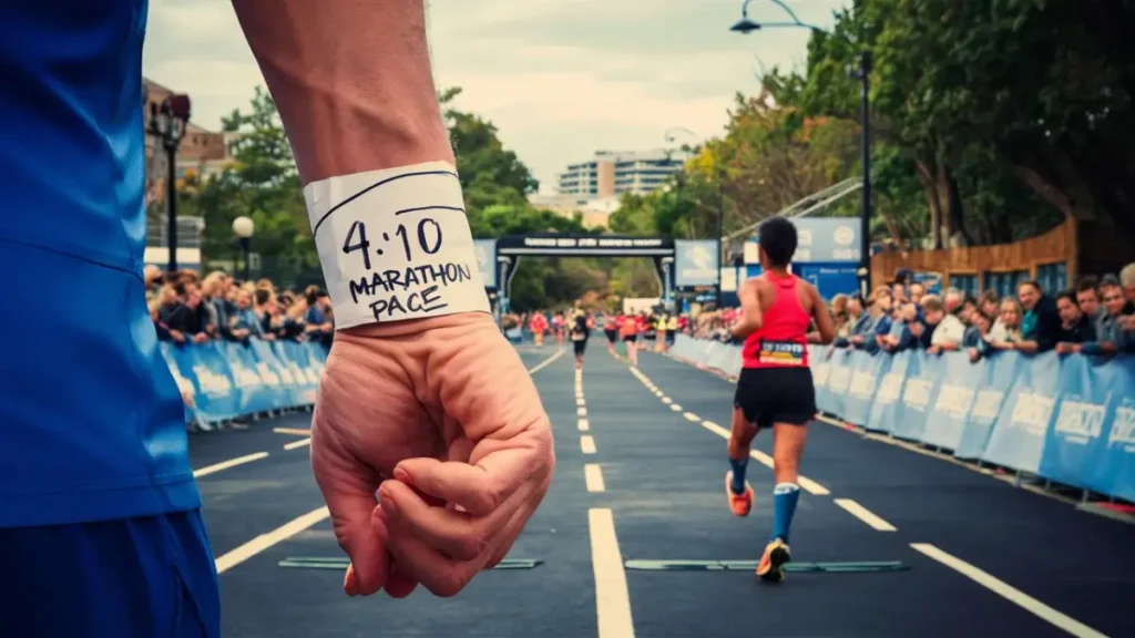 a piece of paper that has been wrapped around the wrist of a runner. the paper is blank, white, but has the words "4:10 Marathon Pace" written on it in pen. the image is POV of the runner.