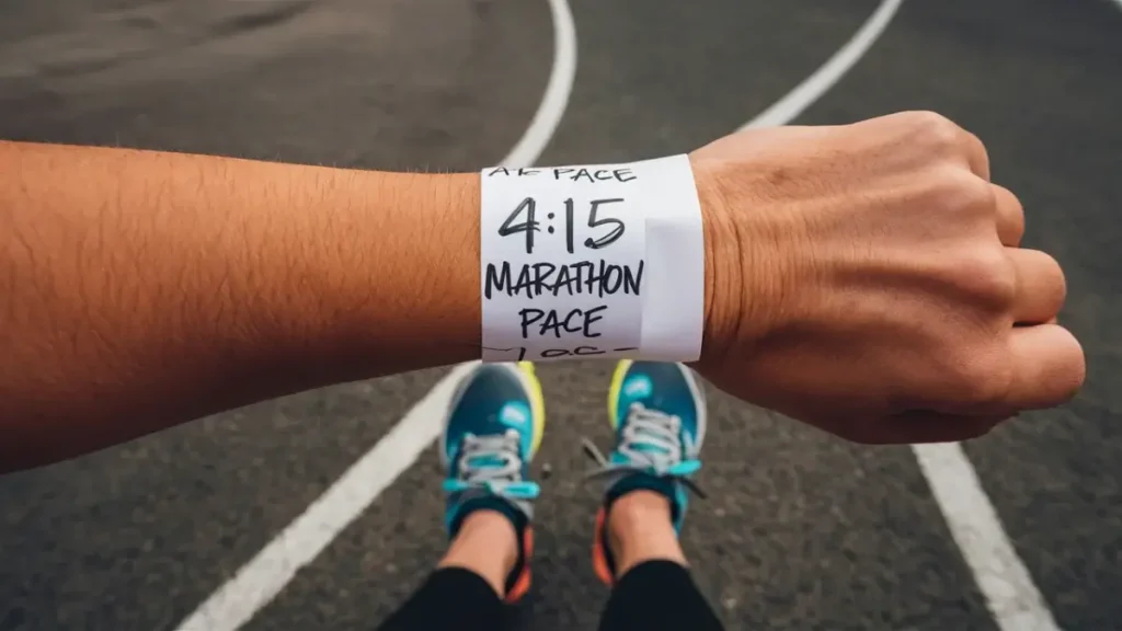 a piece of paper that has been wrapped around the wrist of a runner. the paper is blank, white, but has the words "4:15 Marathon Pace" written on it in pen. the image is POV of the runner.