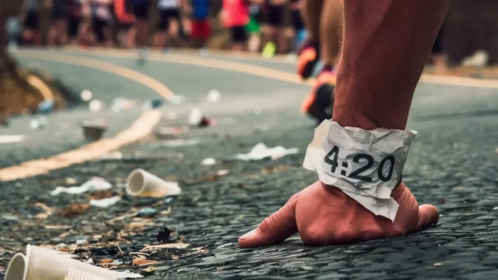 a piece of paper that has been wrapped around the wrist of a runner. the paper is blank, white, but has the words "4:20 Marathon Pace" written on it in pen. the image is POV of the runner.