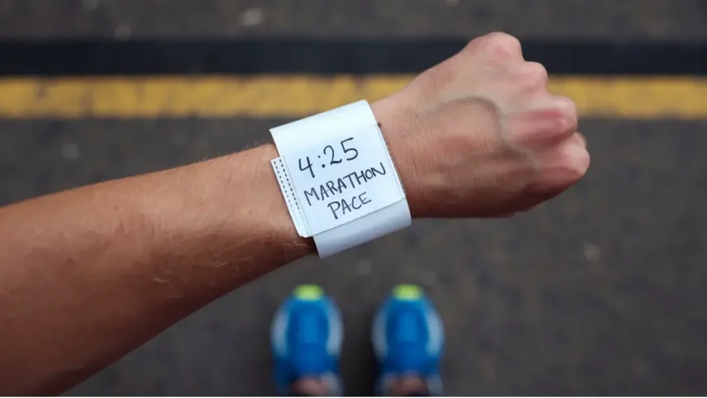 a piece of paper that has been wrapped around the wrist of a runner. the paper is blank, white, but has the words "4:25 Marathon Pace" written on it in pen. the image is POV of the runner.