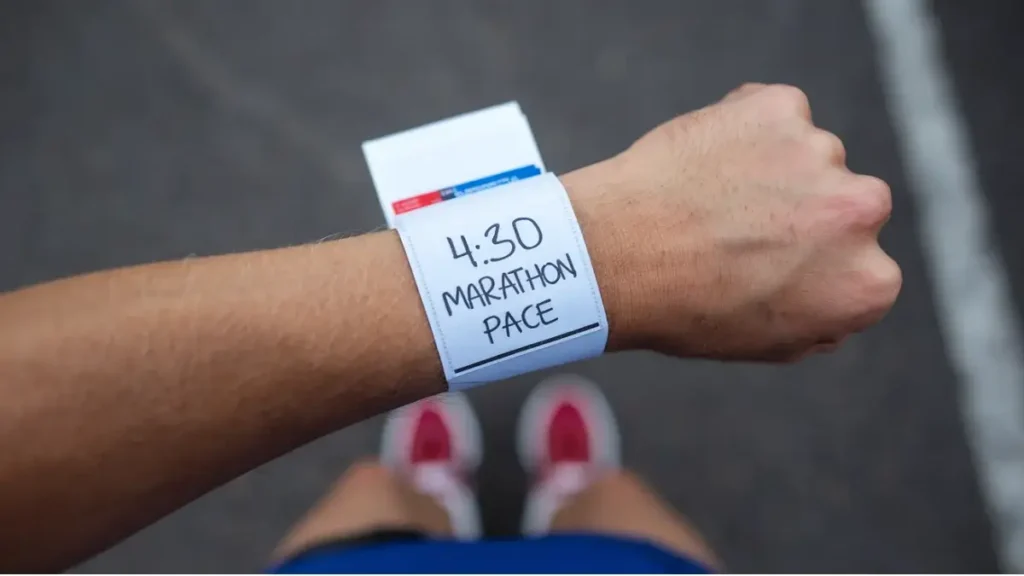 a piece of paper that has been wrapped around the wrist of a runner. the paper is blank, white, but has the words "4:30 Marathon Pace" written on it in pen. the image is POV of the runner.