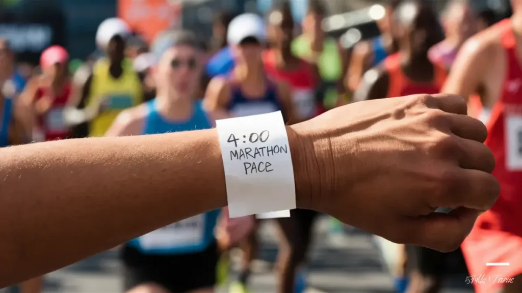 a piece of paper that has been wrapped around the wrist of a runner. the paper is blank, white, but has the words "4:00 Marathon Pace" written on it in pen. the image is POV of the runner.