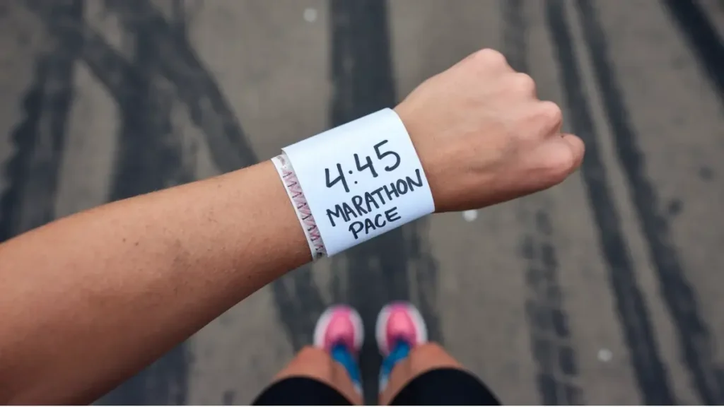 a piece of paper that has been wrapped around the wrist of a runner. the paper is blank, white, but has the words "4:45 Marathon Pace" written on it in pen. the image is POV of the runner.