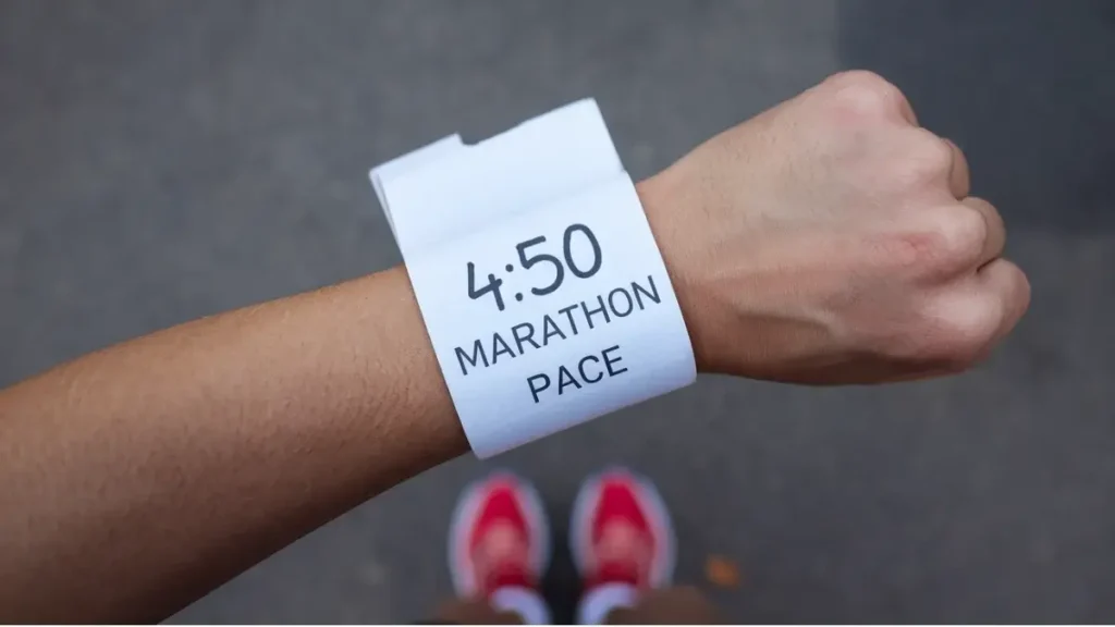 a piece of paper that has been wrapped around the wrist of a runner. the paper is blank, white, but has the words "4:50 Marathon Pace" written on it in pen. the image is POV of the runner.