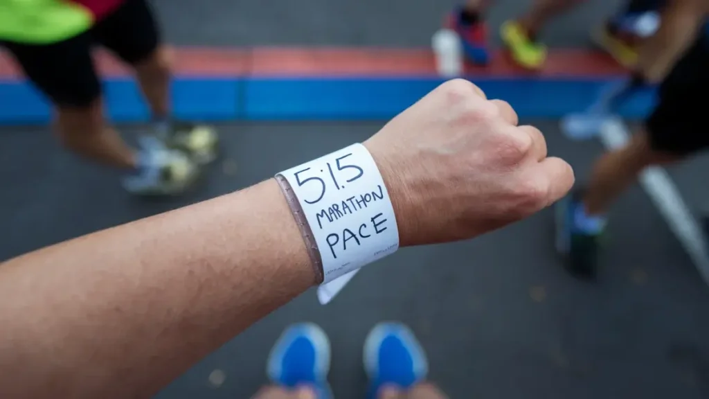 a piece of paper that has been wrapped around the wrist of a runner. the paper is blank, white, but has the words "5:15 Marathon Pace" written on it in pen. the image is POV of the runner.