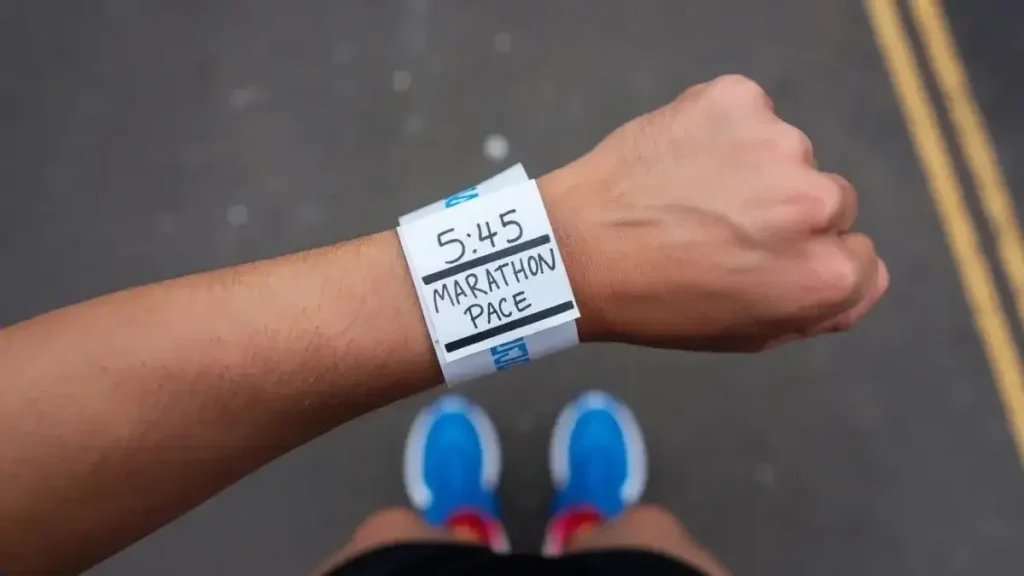 a piece of paper that has been wrapped around the wrist of a runner. the paper is blank, white, but has the words "5:45 Marathon Pace" written on it in pen. the image is POV of the runner.