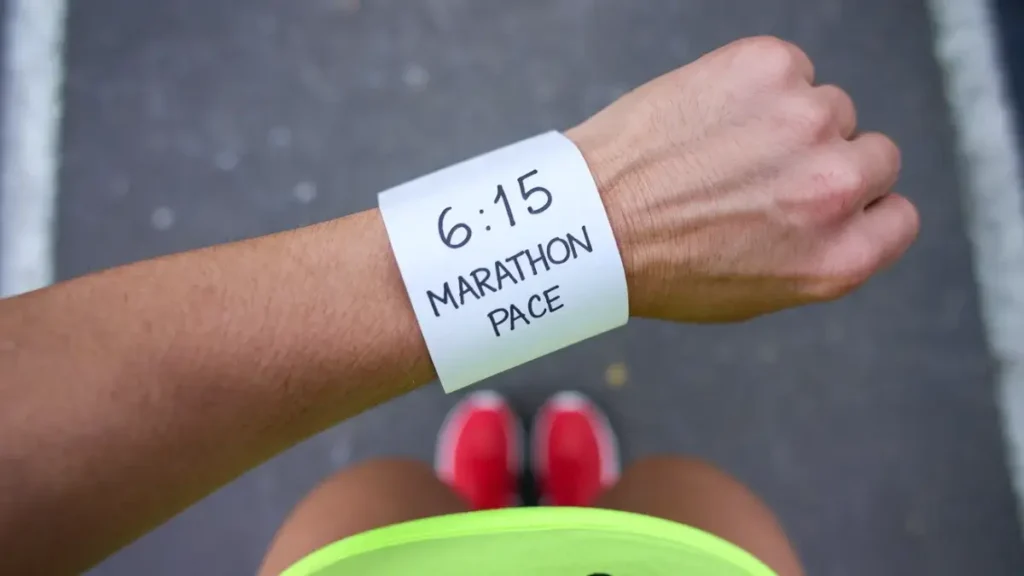 a piece of paper that has been wrapped around the wrist of a runner. the paper is blank, white, but has the words "6:15 Marathon Pace" written on it in pen. the image is POV of the runner.