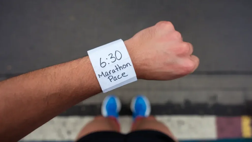 a piece of paper that has been wrapped around the wrist of a runner. the paper is blank, white, but has the words "6:30 Marathon Pace" written on it in pen. the image is POV of the runner.