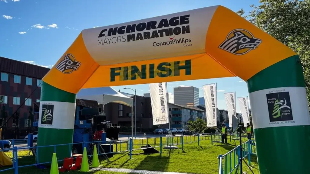 The colorful finish line at the Anchorage Mayor's Marathon in Anchorage.