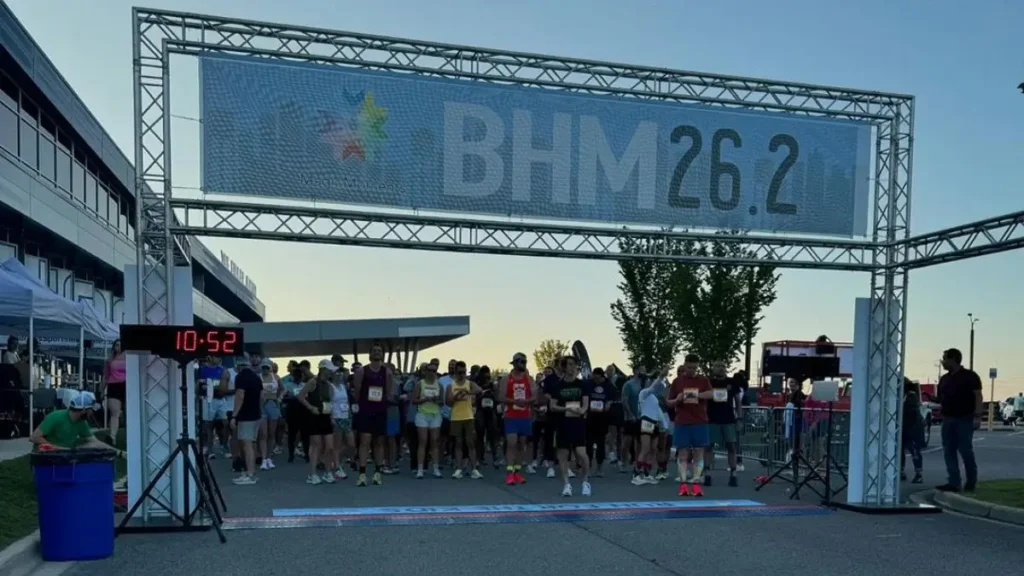 Runners gather at the starting line of the BHM26.2 Marathon in Birmingham.