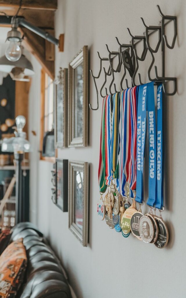 A wall-mounted medal rack with hooks holding race medals.