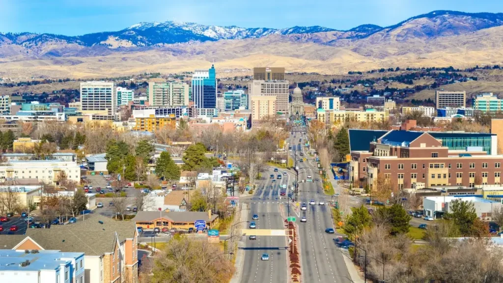 Downtown Boise where the Boise River Marathon takes place, framed by the mountains.