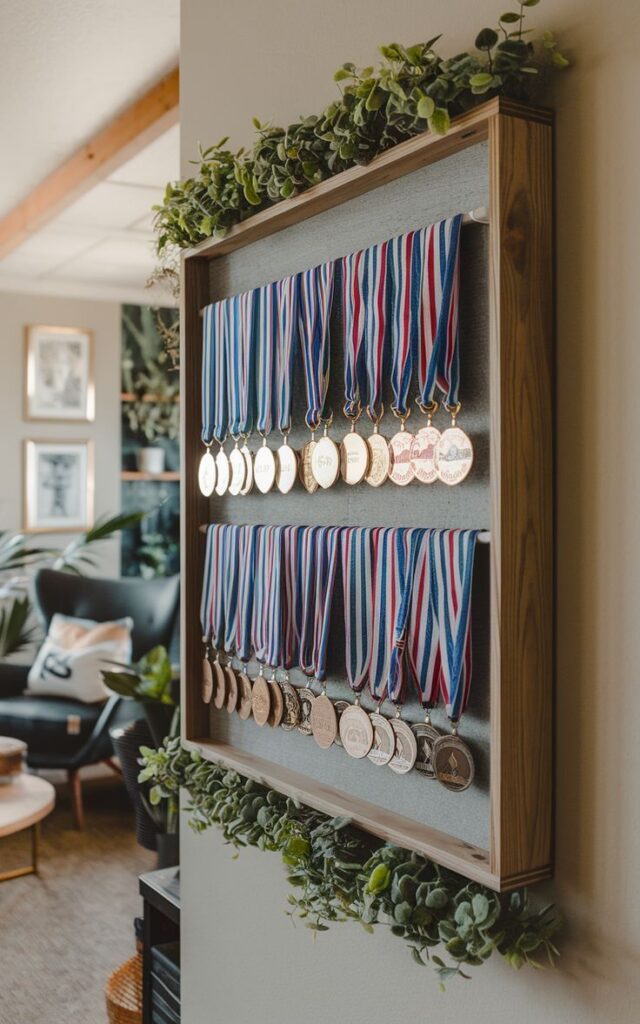 Shadowbox holding race medals with decorative plants surrounding the display.