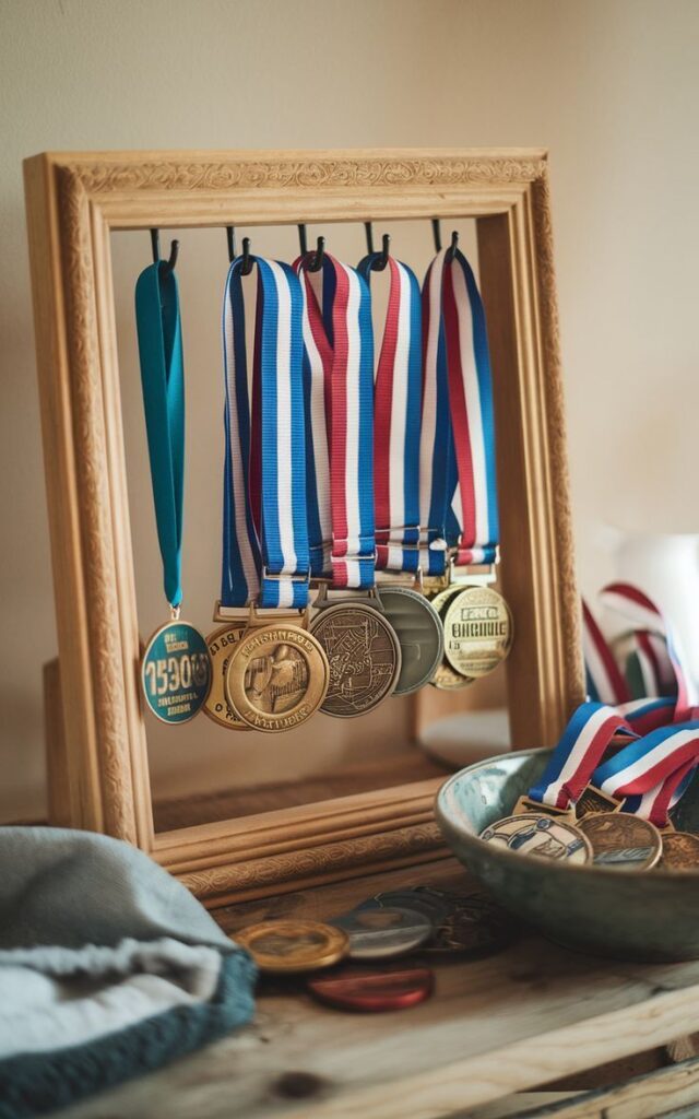 A rustic wooden frame with hooks holding race medals.