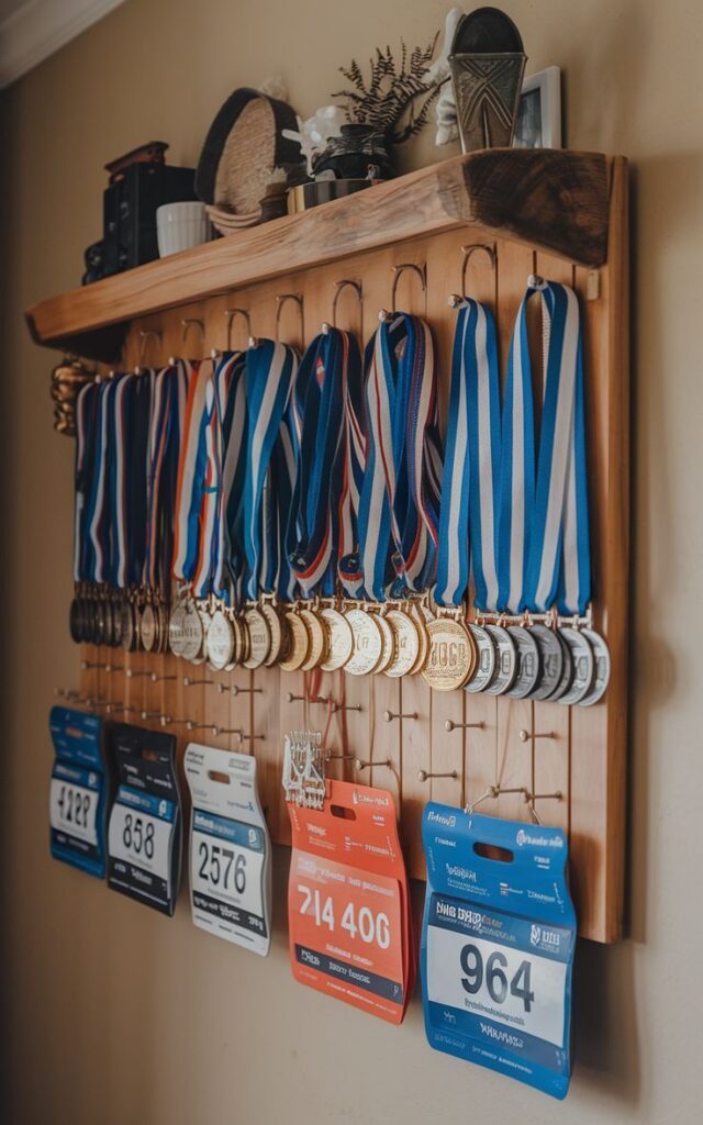 A combo display rack with race bibs clipped below and medals hanging from hooks above.