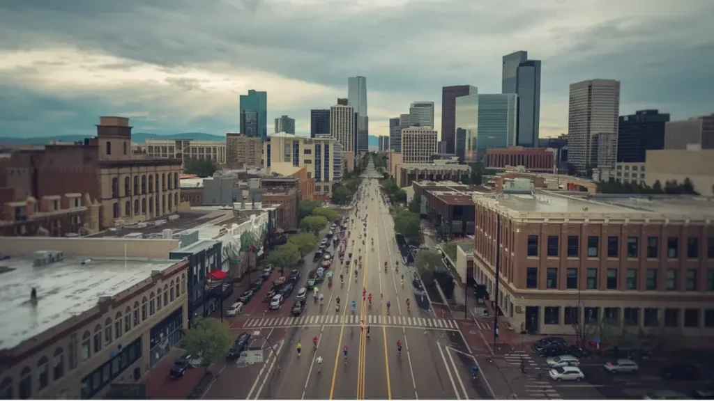 A bird's-eye view of the road stretching toward the skyscrapers at the Denver Colfax Marathon.