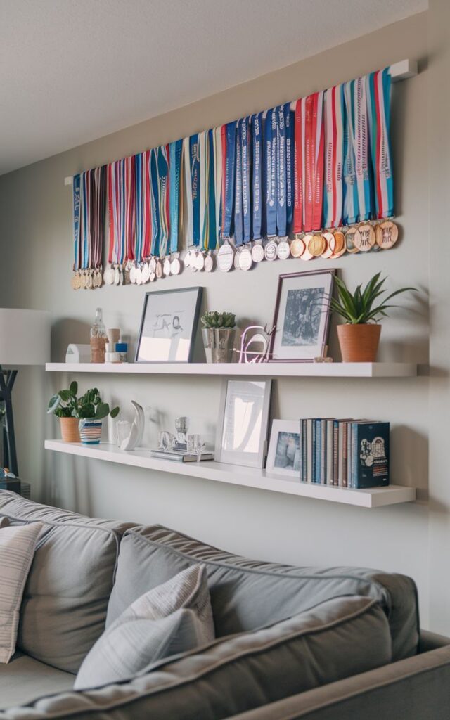 Small Shelf with medals nailed to it.