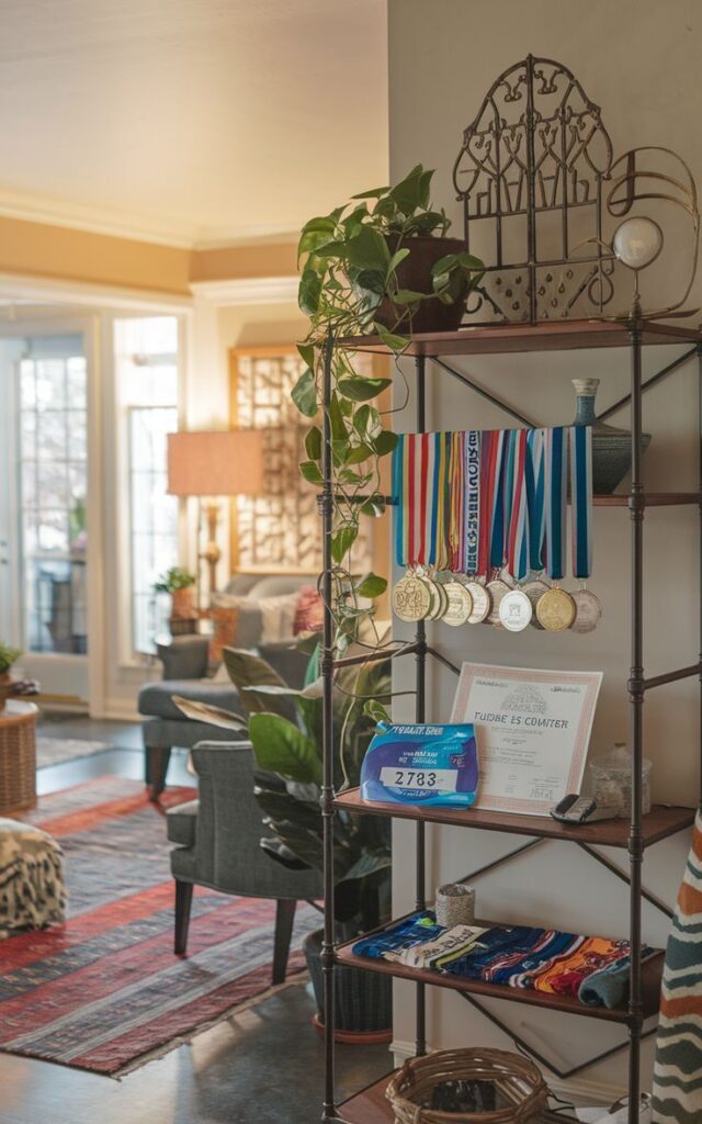 Industrial minimalist shelving unit holding racing memorabilia  