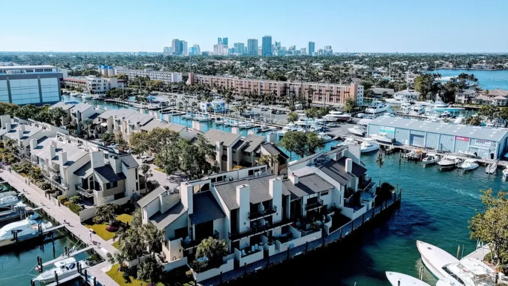 A view of the waterways, marinas, and skyline in Fort Lauderdale, Florida.