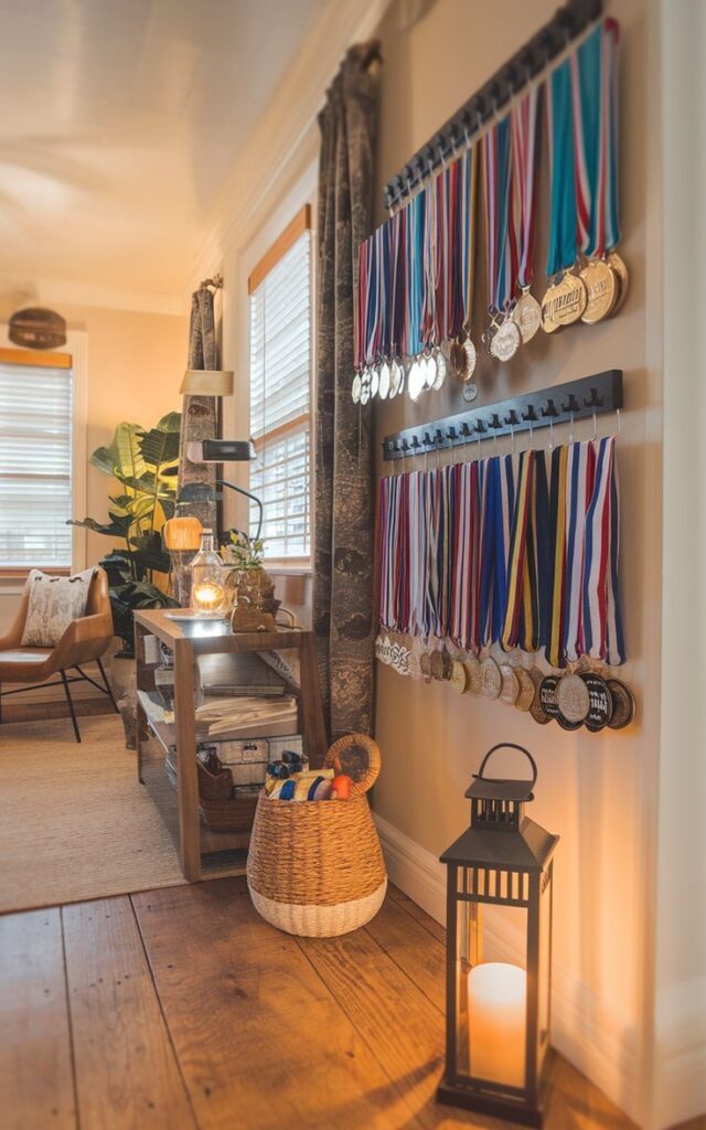 Feature Wall with double layered hook shelves with race medals  