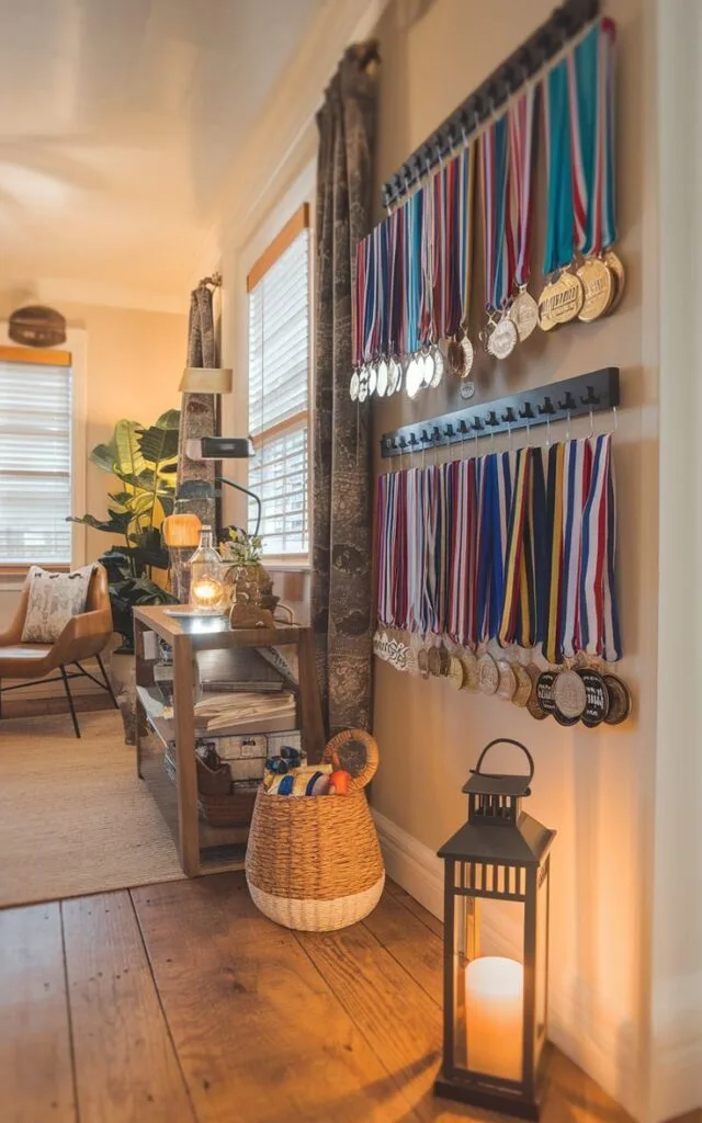 Feature Wall with double layered hook shelves with race medals  