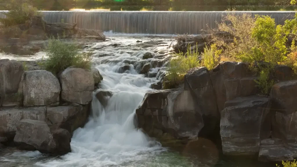 The cascading Idaho Falls waterfall near the Idaho Falls Marathon course.