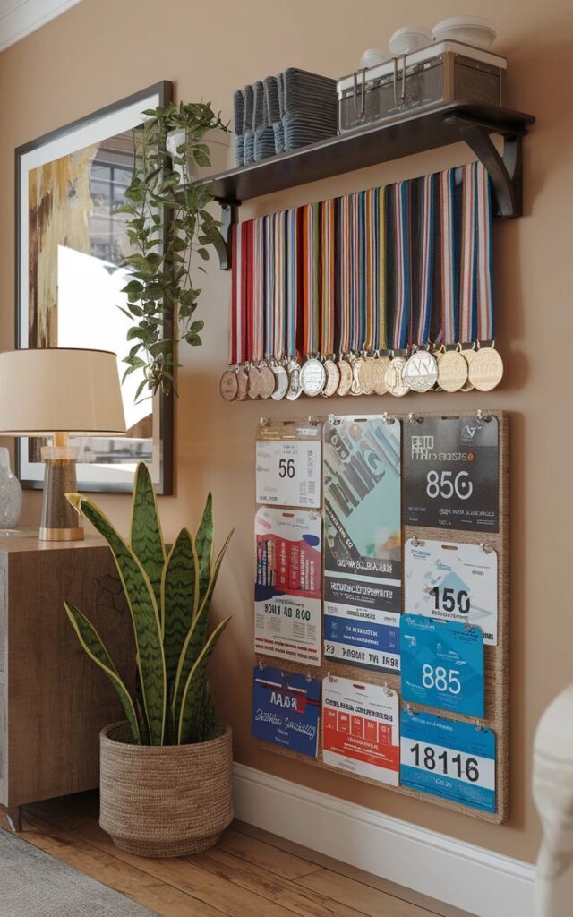 Race medals hanging under a shelf with a race bib collage  board 