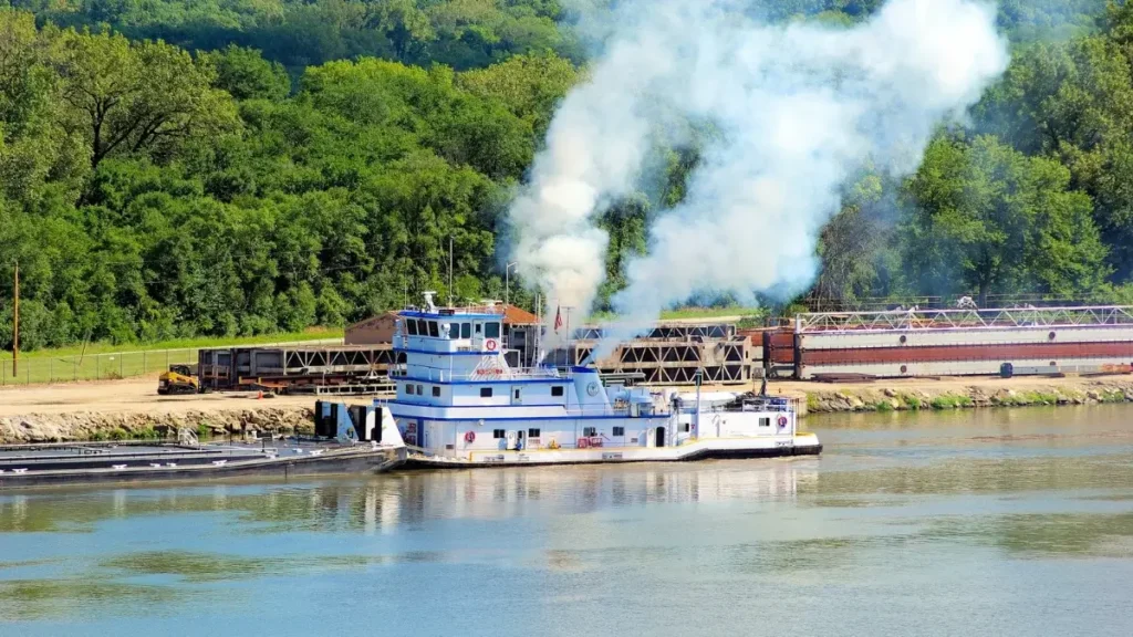 A tugboat navigating a calm river in Geneva, Illinois.