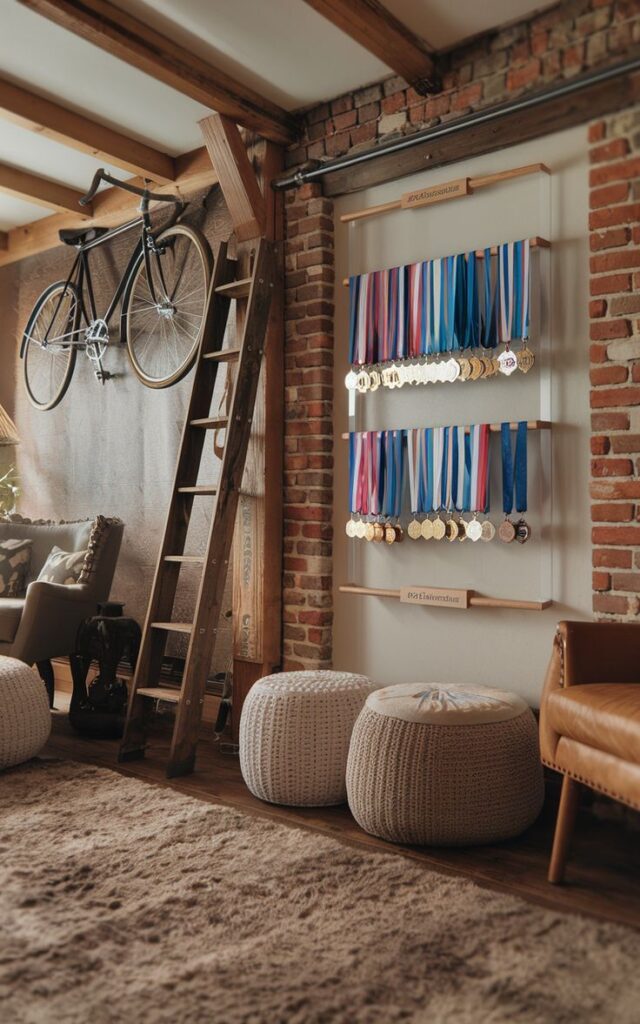 Wooden Shelves with medals hanging from them in a Fireplace