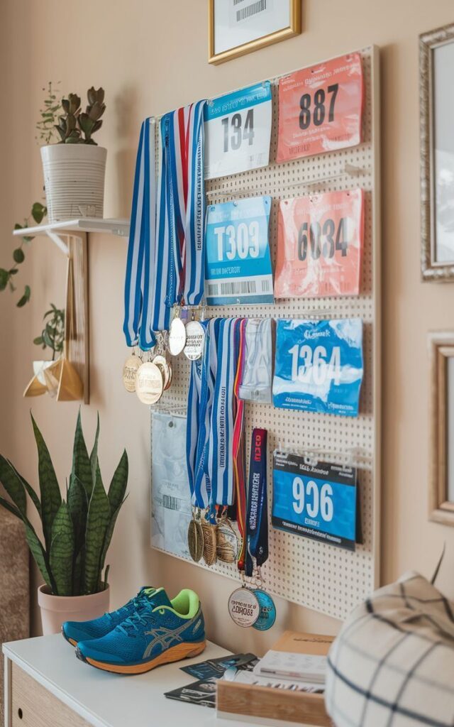 A painted white pegboard with hooks holding race medals and pinned race bibs.