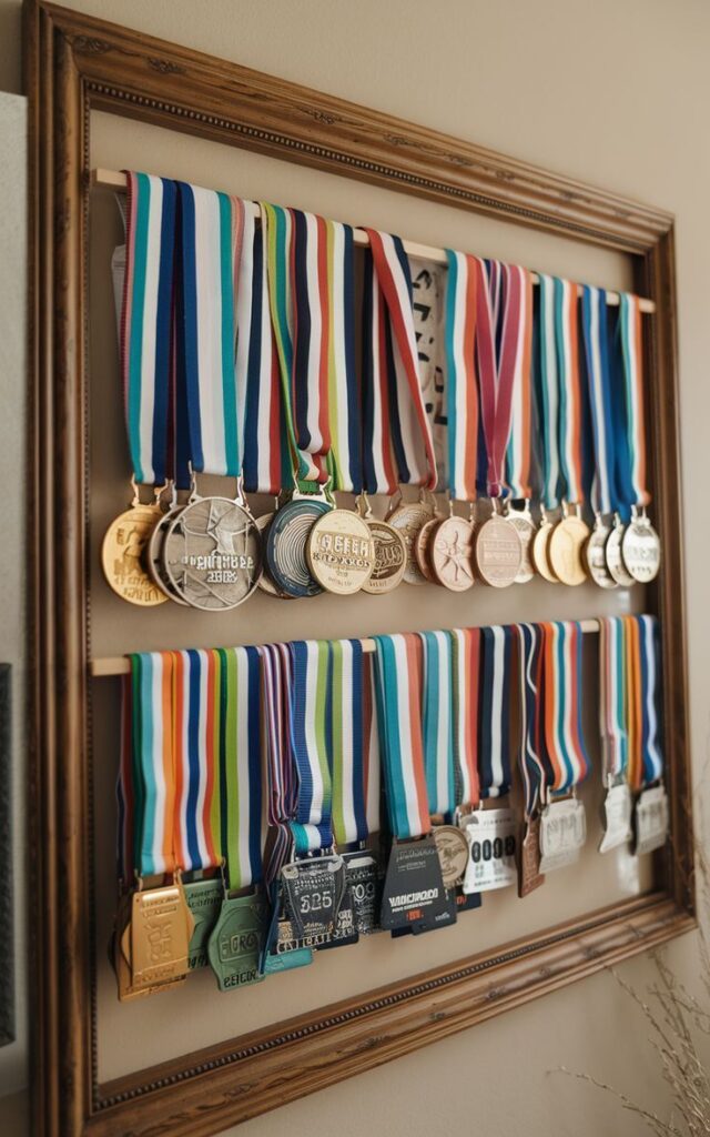 Vintage Frame with Wooden Supports with medal hanging from them