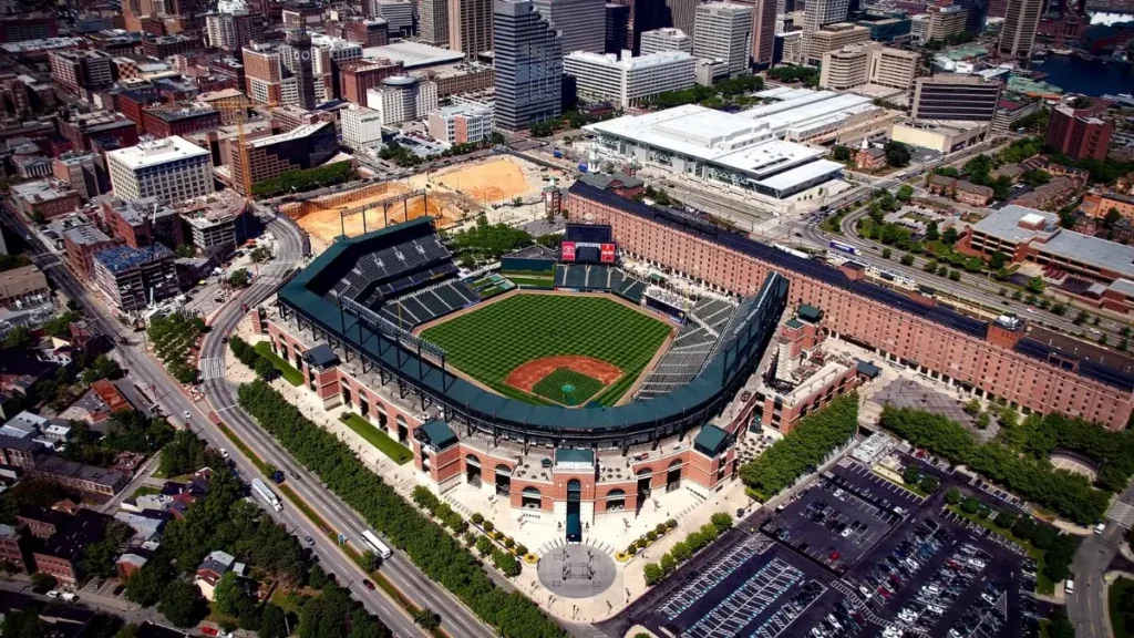 An aerial view of Camden Yards in Baltimore, highlighting one of the iconic sights near some of the best marathons in Maryland.