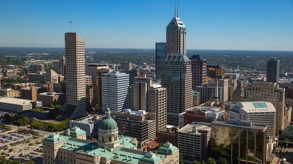 A bird's-eye view of the Indianapolis cityscape during the Indianapolis Monumental Marathon.