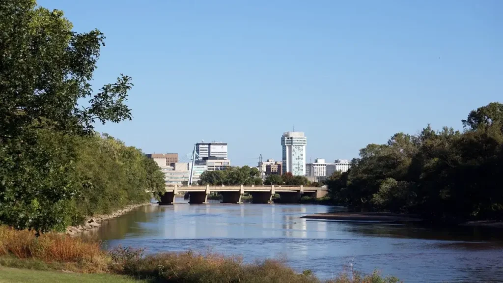 The Arkansas River runs up to the Wichita skyline ready for the Prairie Fire Marathon.