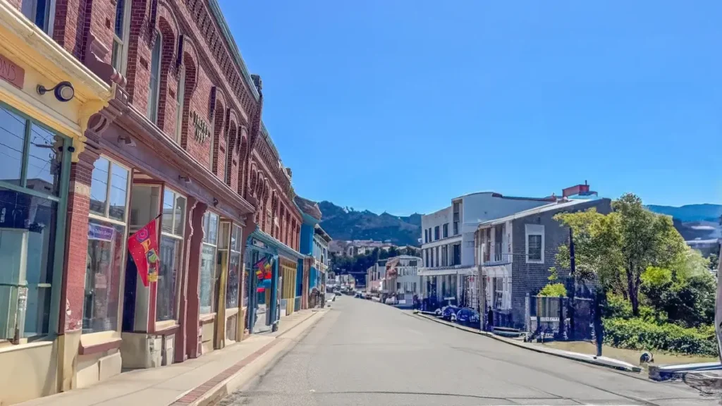 A quiet street lined with lush greenery, capturing the serene charm of Kingfield, home to the Sugarloaf Marathon.